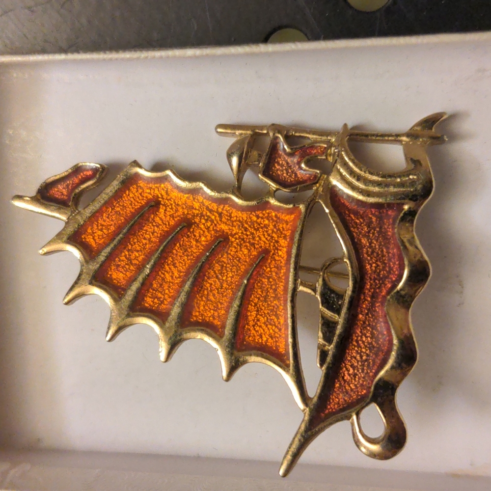 Sarah Coventry Orange Enamel Brooch, Chinese Junket, 1970’s Vintage